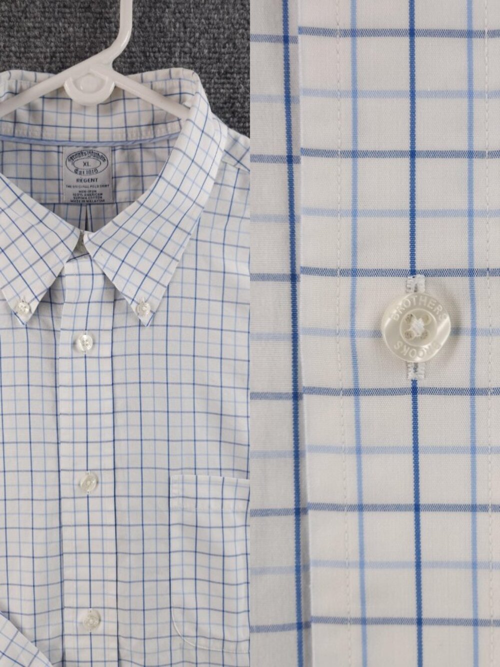 Brooks Brothers XL Button-Down Supima Check Non-Iron Cotton Regent Blue Pocket
